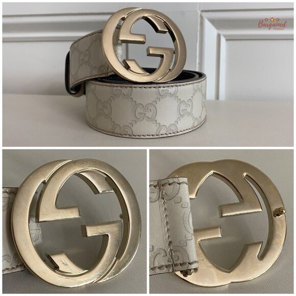 Authentic Gucci Cream Guccissima Leather Gold Interlocking G Buckle Belt 80/32 - Picture 2 of 13